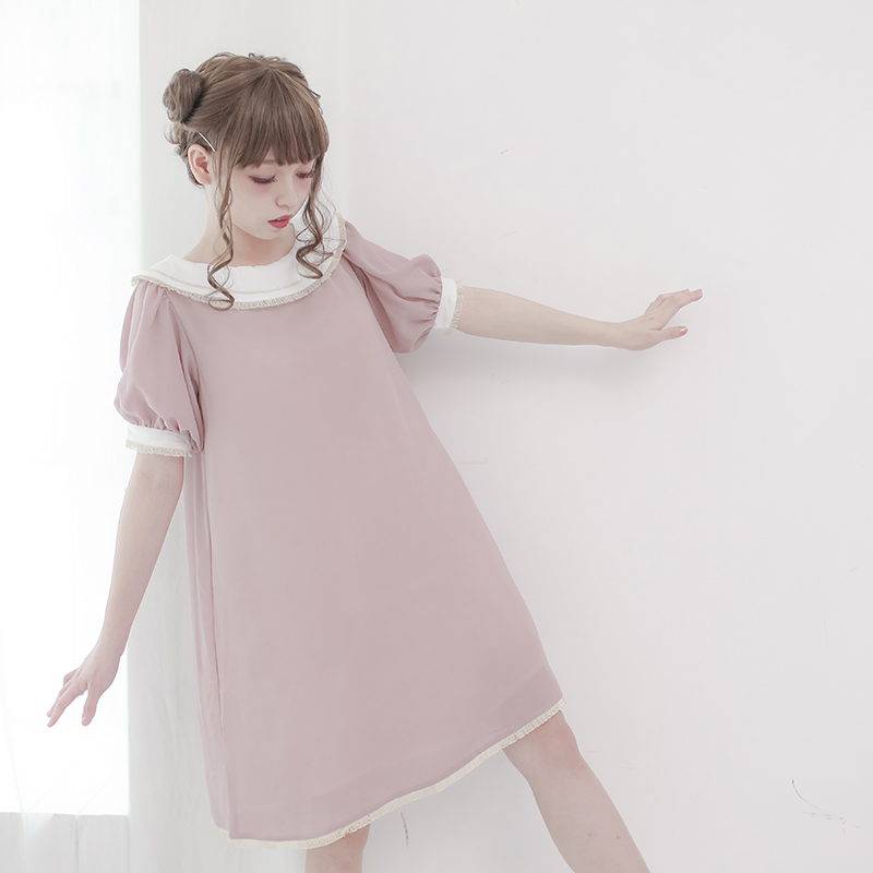 原创拼色泡泡袖连衣裙op