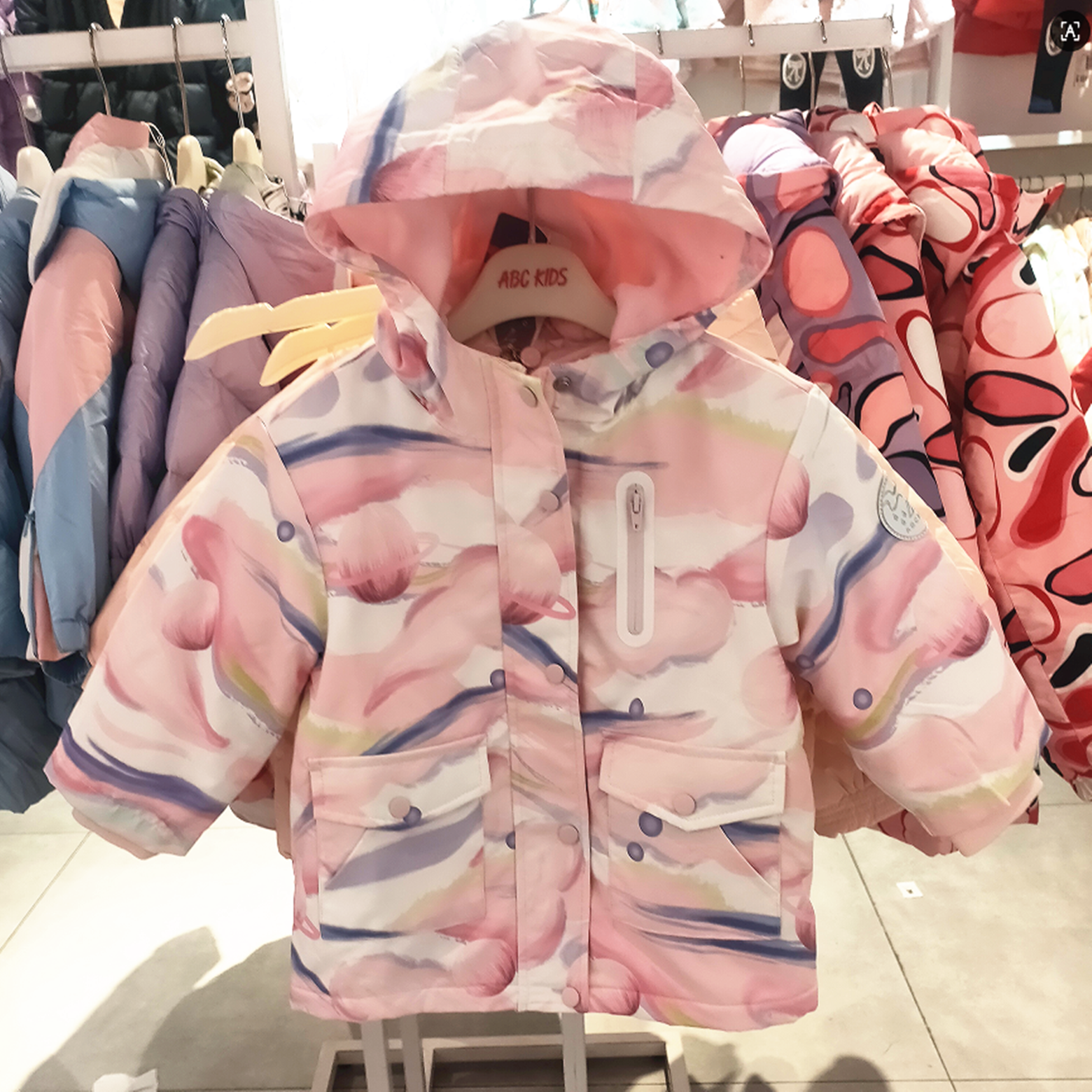 商场同款Abckids中长款连帽羽绒服女童粉色印花保暖外套两件套