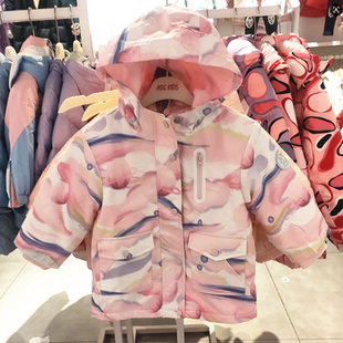商场同款Abckids中长款连帽羽绒服女童粉色印花保暖外套两件套