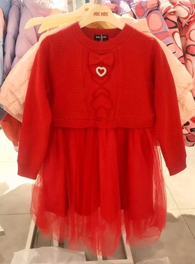 商场同款Abckids女童甜美针织网纱连衣裙红色长袖公主裙洋气