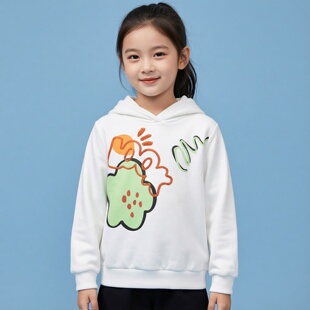 商场同款Abckids卡通印花连帽卫衣秋冬款女童白色加绒长袖上衣