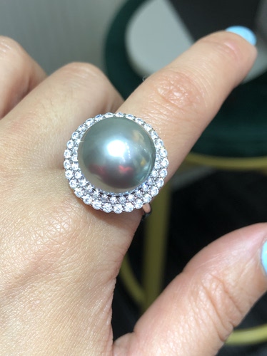 S925纯银镶嵌天然海水大溪地铂金灰14Mm正圆极光细微镜面戒指指环