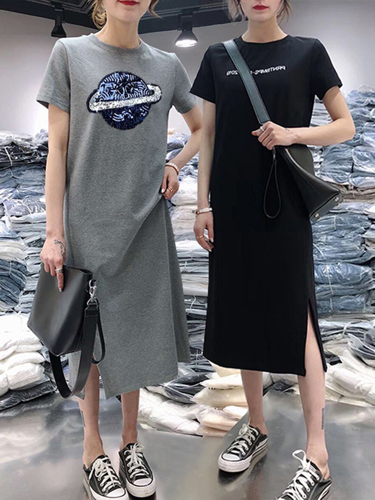 韩国春夏宽松中长款t恤女2024年新款侧面开叉字母连衣裙过膝打底