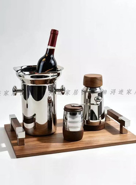 简约不锈钢胡桃木咖啡壶杯托摆件