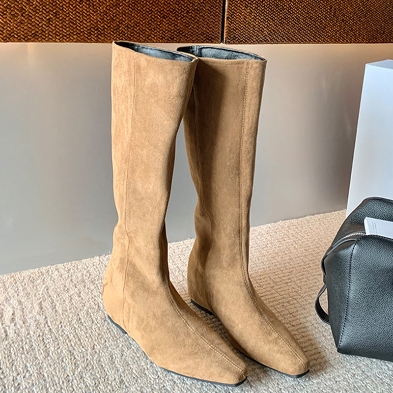 内增高长筒靴女2025新款秋冬绒面卡其色高筒骑士靴弹力瘦瘦长靴子