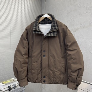 格子拼接羽绒服时尚 潮牌男士 休闲保暖立领白鸭绒外套 新款 2025冬季