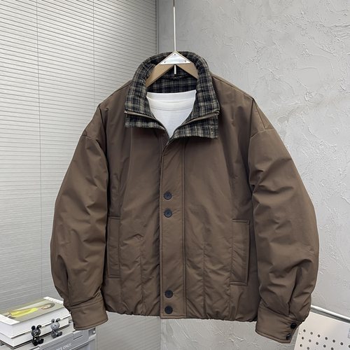 2025冬季新款潮牌男士格子拼接羽绒服时尚休闲保暖立领白鸭绒外套