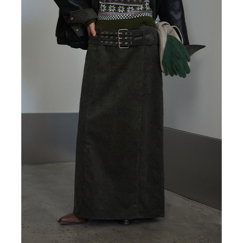 100%棉灯芯绒半裙女冬季美拉德复古直筒裙长裙