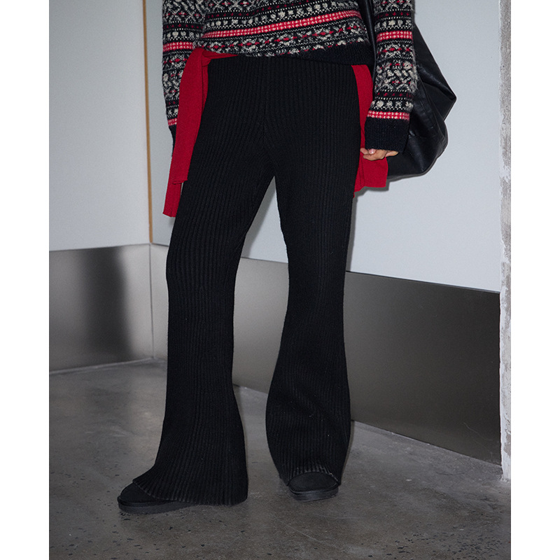 丝光羊毛喇叭毛织裤女冬季高腰显瘦松弛感长裤