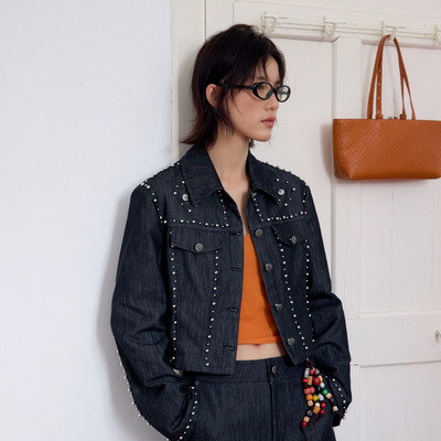 「2.28/春季上新」UNITY MODE 巴洛克钉珠斜纹牛仔外套女260150