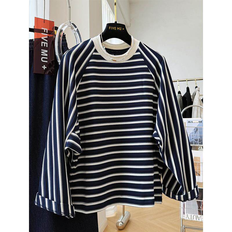 胖mm240斤大码早秋流行穿搭肌理感条纹蝙蝠袖T恤女装宽松遮肉上衣