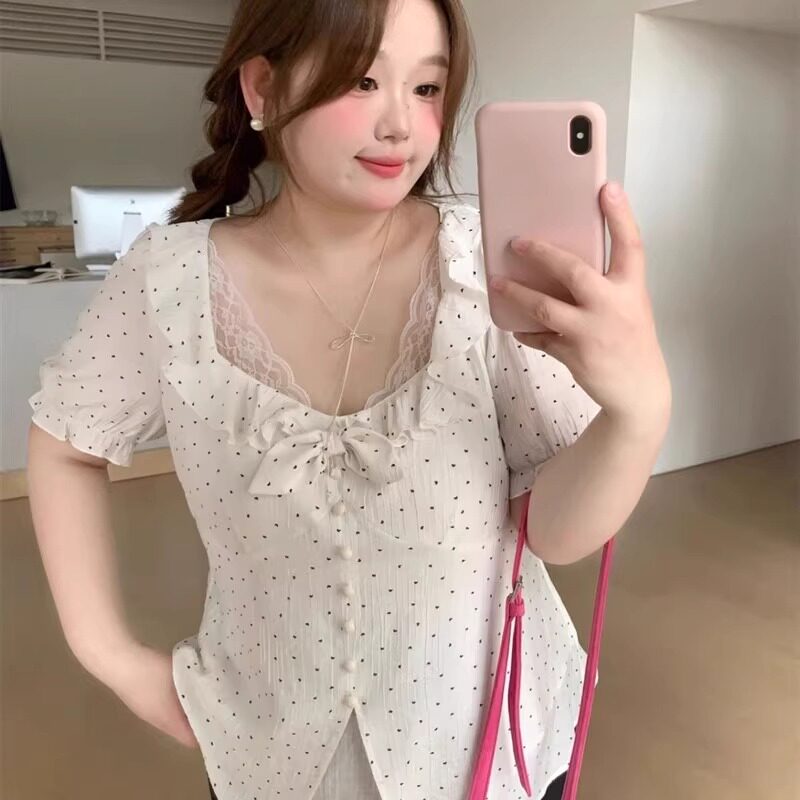 梨型身材微胖遮肚波点衬衫女夏季胖mm短袖雪纺衫特大码300斤上衣
