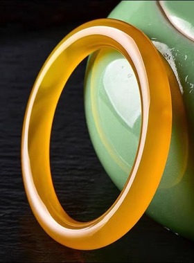 天然巴西黄玉髓手镯 冰透复古圆条黄玛瑙玉镯子玉石手环手饰女款