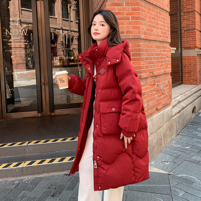 大码红色羽绒服女中长款冬200斤胖mm230加肥加厚保暖宽松鸭绒外套
