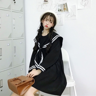 秋装女2023新款学生日系海军风大翻领长袖宽松娃娃少女连衣裙H-30