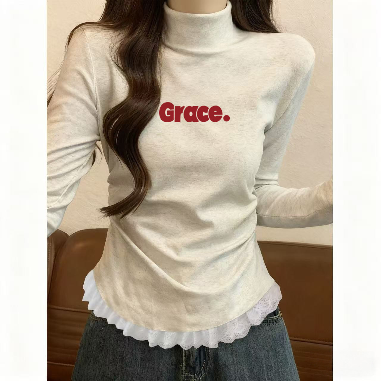 蕾丝花边设计半高领女士保暖长袖2026新款爆款掐腰显瘦百搭短上衣