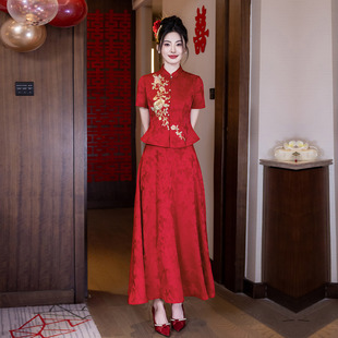 中式旗袍敬酒服新娘结婚红色长款订婚礼服裙出阁回门套装日常显瘦