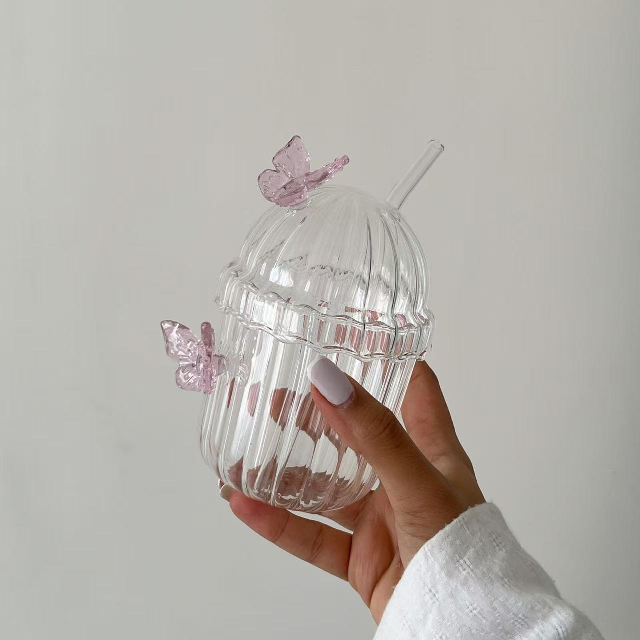ins风立体蝴蝶玻璃杯带盖吸管高硼硅耐热果汁杯少女心水杯便携
