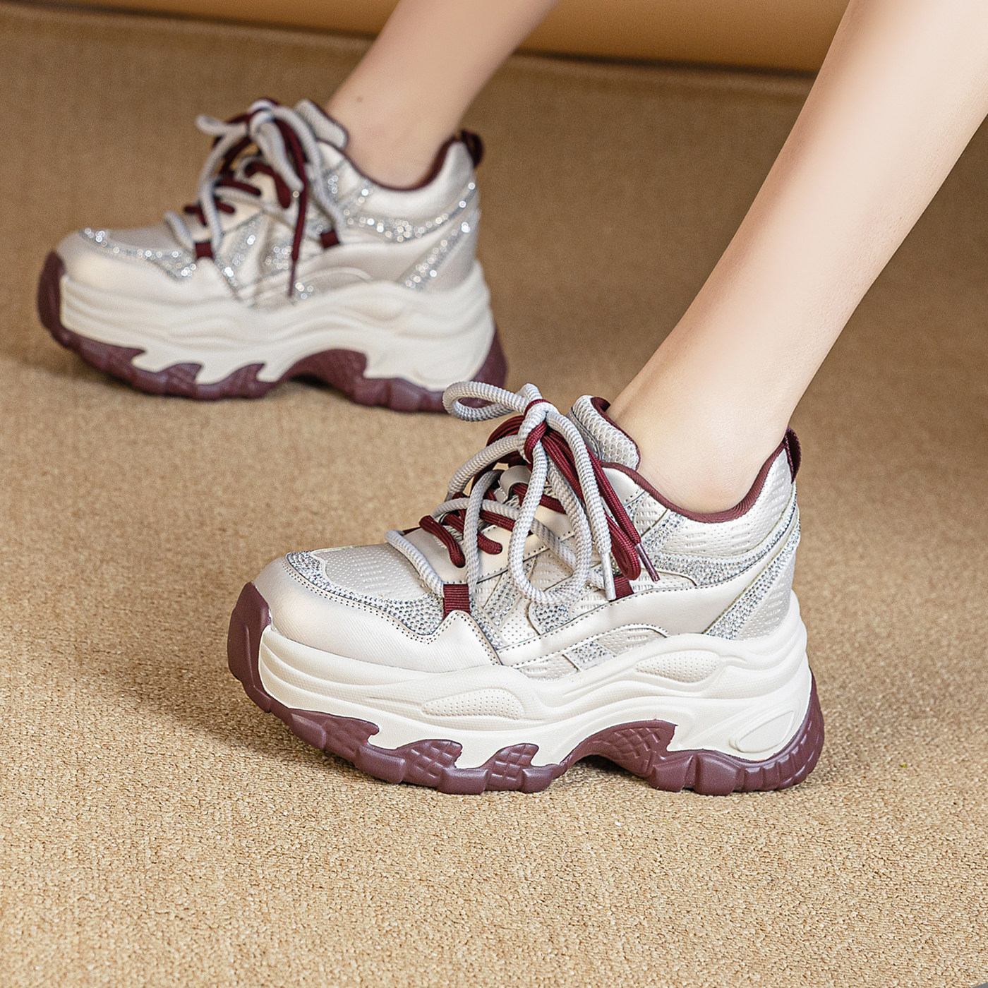 水钻厚底老爹鞋女2026新款小个子8cm增高时尚百搭增高轻便休闲鞋,女鞋,老爹鞋,淘宝优惠券,粉丝福利购,淘宝优惠卷