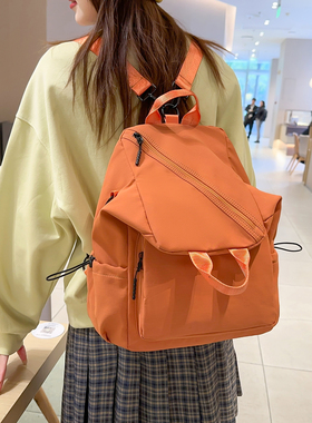 多功能双肩包女学生百搭休闲背包大容量橙色三用包单肩斜挎书包