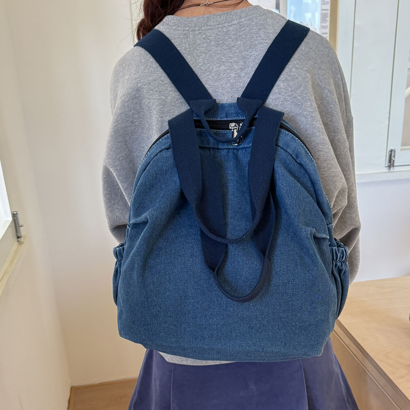 简约双肩包女纯色牛仔布轻便大容量休闲单肩两用背包日系学生书包