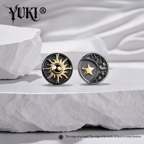 YUKI纯银星月太阳浮雕情侣耳钉