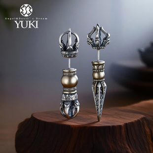 YUKI纯银耳钉男女款 金刚杵耳环小众设计感潮人嘻哈耳饰品 复古藏式