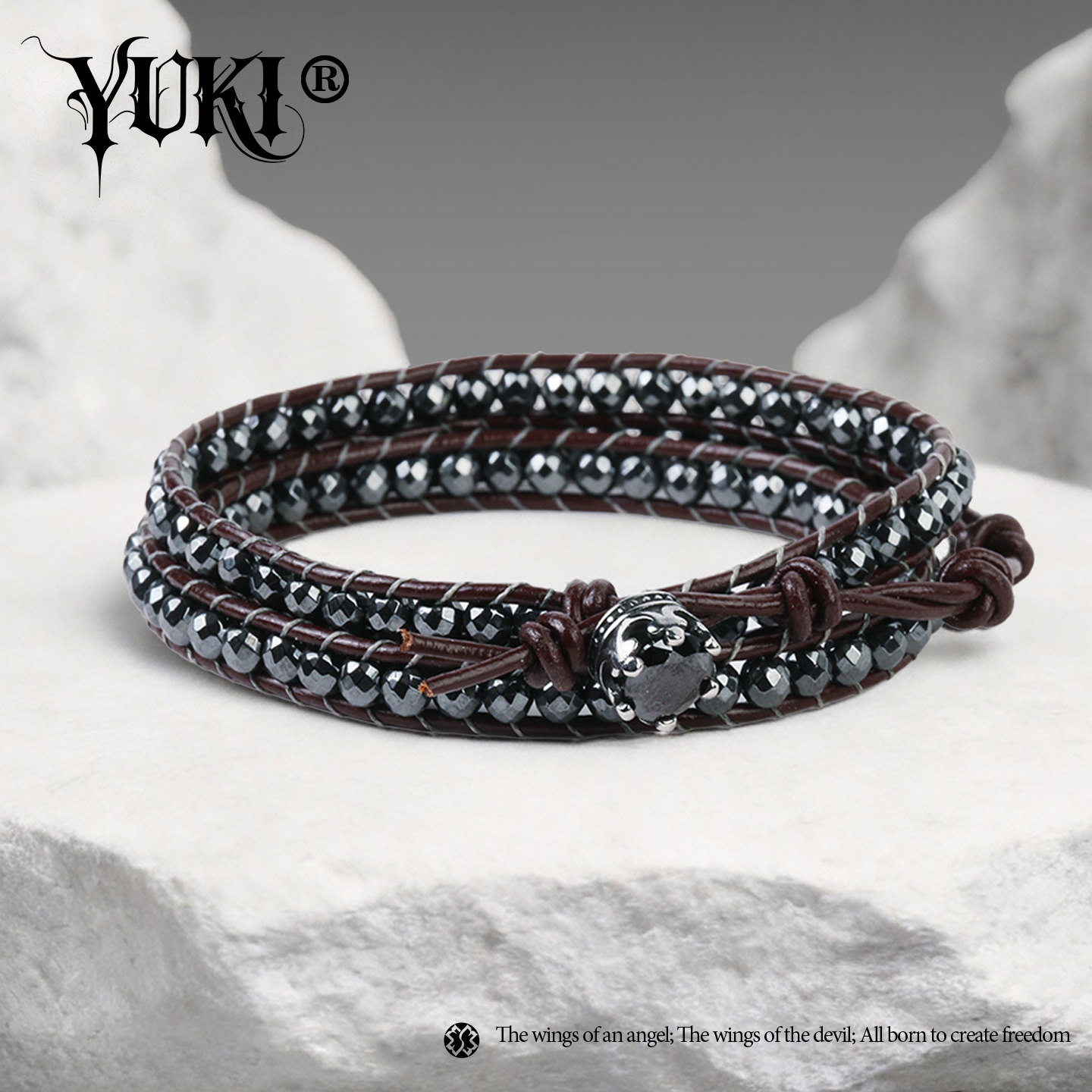 YUKI多层缠绕牛皮钛钢手链男女刻面珠子可调节时尚个性潮人饰品