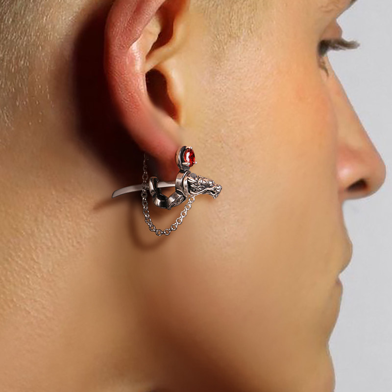 YUKI纯银耳钉霸气男士龙刃武士银饰潮小众设计师耳饰女送男友礼物