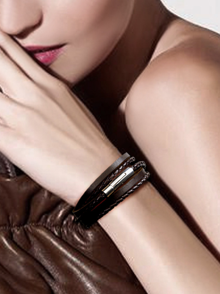 YUKI MENS TITANIUM STEEL COWHIDE & PU LEATHER BRACELETS TIDE PEOPLE KOREAN VERSION OF THE HAND JEWELRY LEATHER ROPE MULTI-LAYER HAND ROPE GIRL BRACELET