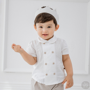 Y795韩国进口夏季男宝宝短袖纯棉衬衫衣服婴儿百天周岁宴绅士童装