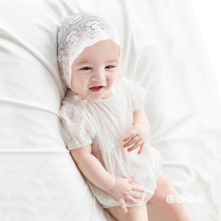 Y816韩国进口夏季女宝宝纯棉短袖连身哈衣爬服婴儿百天宴公主童装