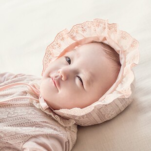 婴幼儿童百天公主宫廷帽子 M572韩国进口女宝宝蕾丝花边护耳胎帽