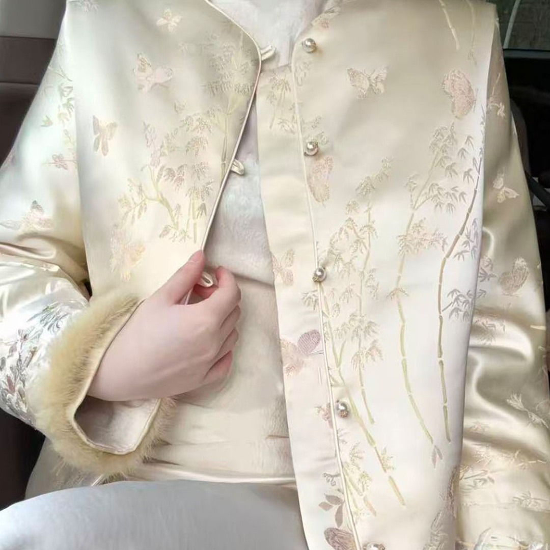 冬季新款双面穿棉服新中式国风提花复古百搭女士上衣长袖棉衣外套