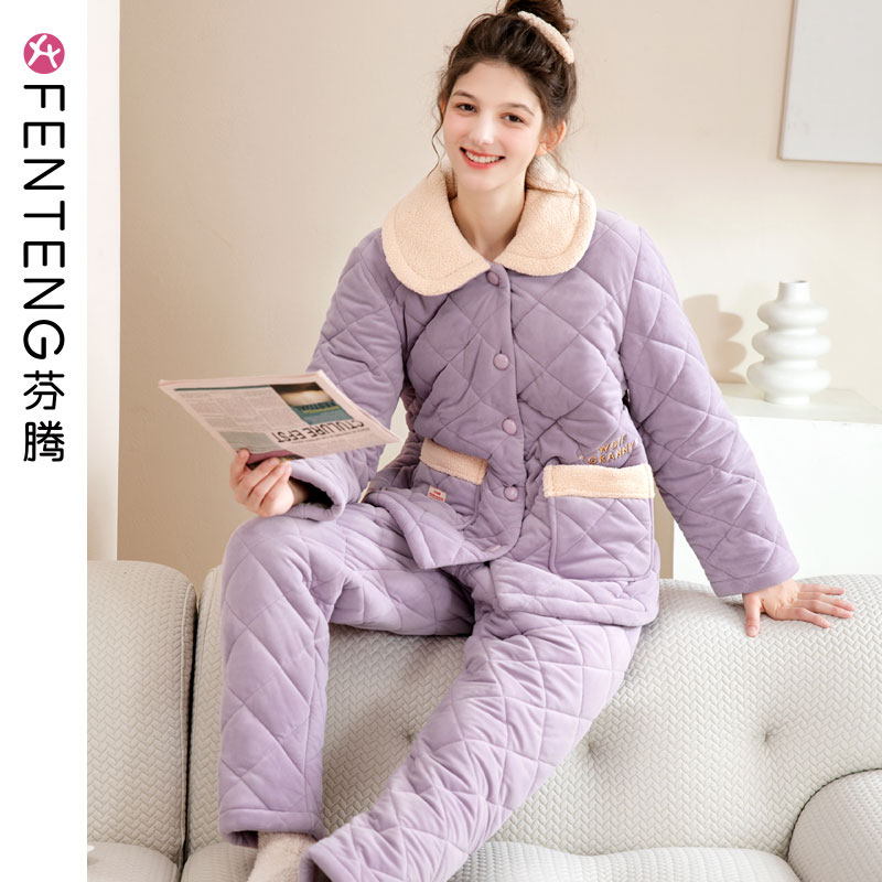 芬腾三层加厚夹棉睡衣女士冬保暖