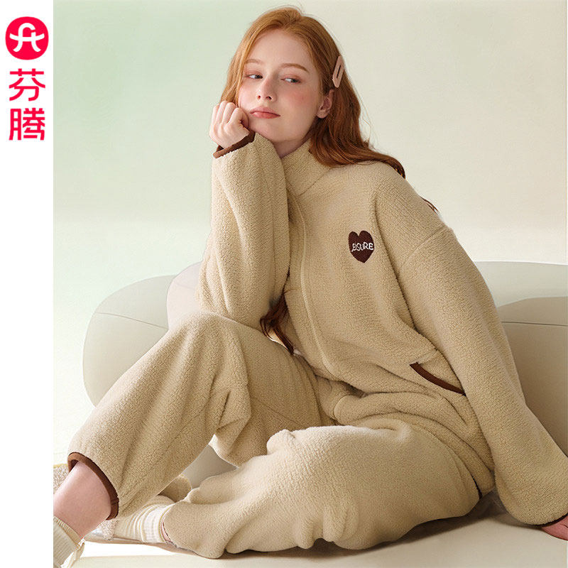芬腾秋冬季新款加厚珊瑚绒睡衣女士套装保暖法兰绒长袖拉链家居服