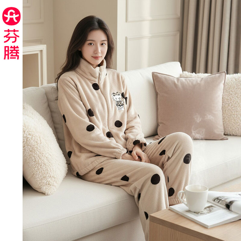 芬腾2026秋冬新款加厚珊瑚绒睡衣女士套装卡通圆点拉链保暖家居服