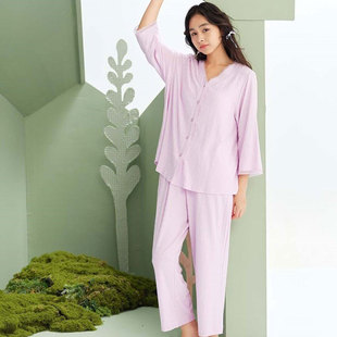 安之伴2026春新款针织拉架棉睡衣女士套装八分袖纯色家居服带胸垫