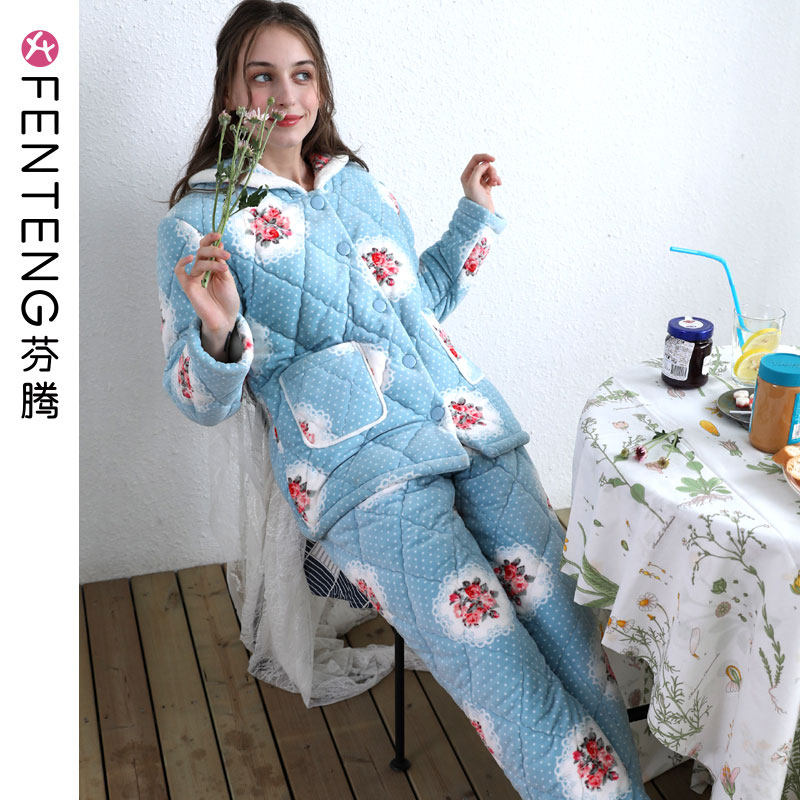 芬腾加厚珊瑚绒夹棉睡衣女套装冬