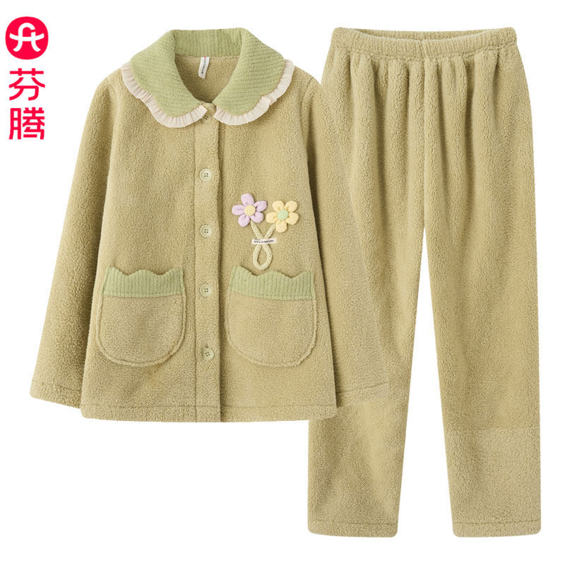芬腾秋冬款加厚珊瑚绒睡衣女士套装高贵花朵保暖法兰绒长袖家居服