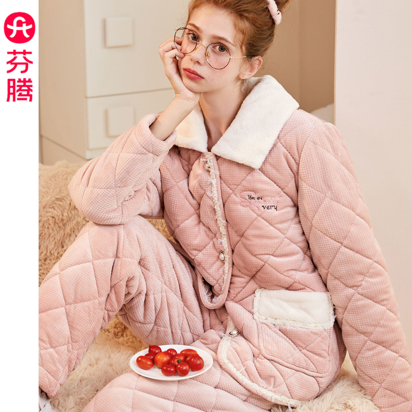 芬腾冬三层加厚珊瑚绒夹棉睡衣女