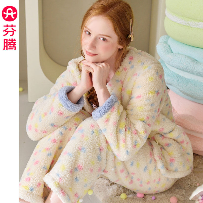 芬腾2025秋冬季新款加厚珊瑚绒睡衣女士套装保暖双面北美绒家居服
