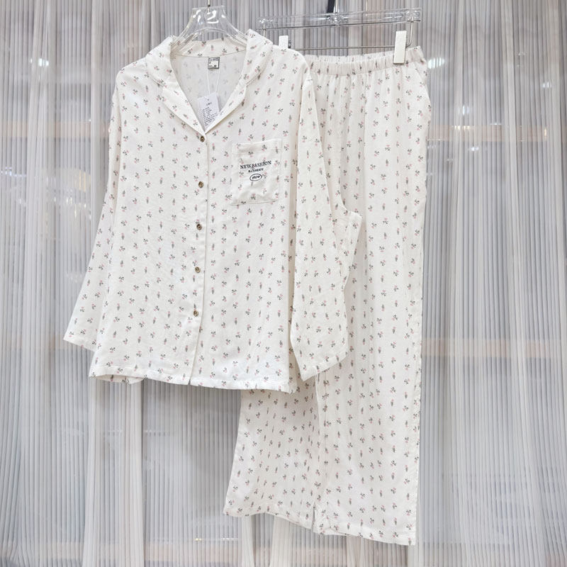 佰伦世家春秋新款双面纱梭织棉睡衣女士套装长袖竹纤维开衫家居服