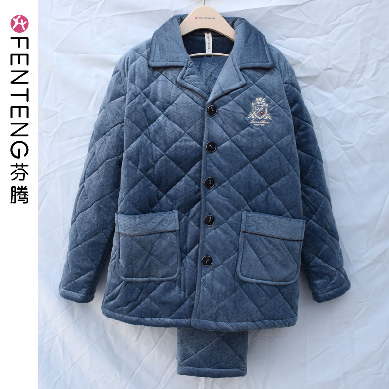 芬腾加厚珊瑚绒夹棉睡衣男士冬季