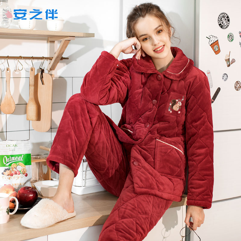 安之伴三层加厚夹棉睡衣女冬保暖