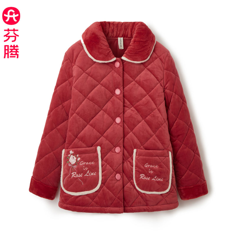 芬腾冬三层加厚珊瑚绒夹棉睡衣女