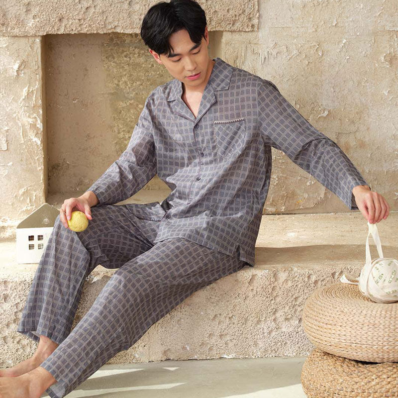 安之伴2026春季新款梭织纯棉睡衣男士套装时尚格子全棉长袖家居服