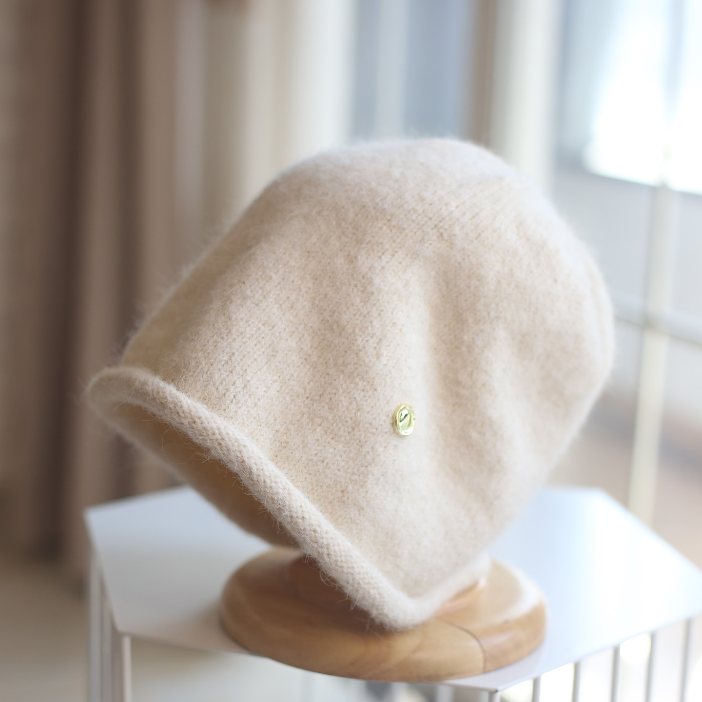 日系卷边短款堆堆帽子女秋冬羊毛混纺针织帽金标贝雷帽百搭毛线帽