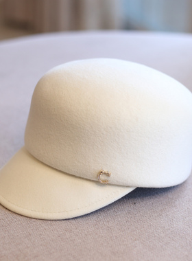 金C标羊毛呢马术帽子女复古时尚报童鸭舌帽羊毛礼帽秋冬毡帽逛街