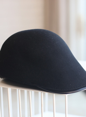 英伦经典PU皮檐前进帽子男女秋冬情侣款鸭舌帽复古澳洲羊毛报童帽